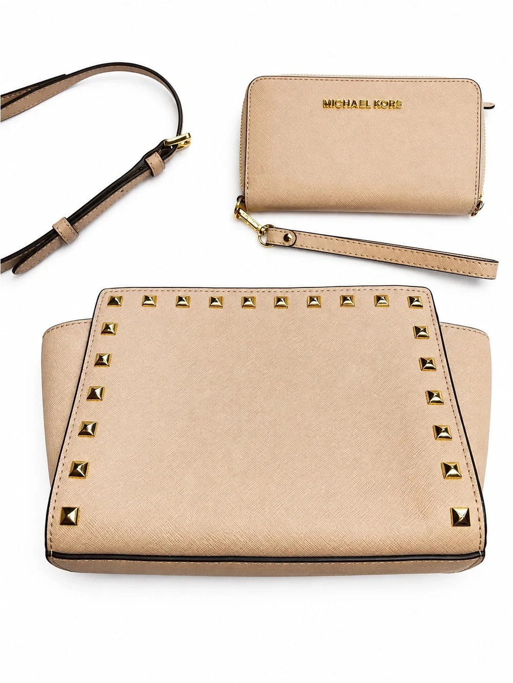 Michael Kors Tan Selma Studded Saffiano Medium Crossbody and Matching Wallet